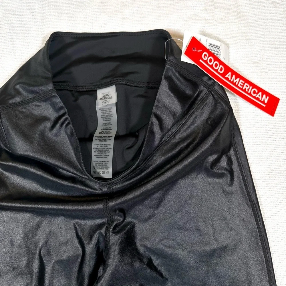 Good American Liquid Cross Over Faux Leather Leggings Black NWT 2 High Rise - Picture 5 of 7